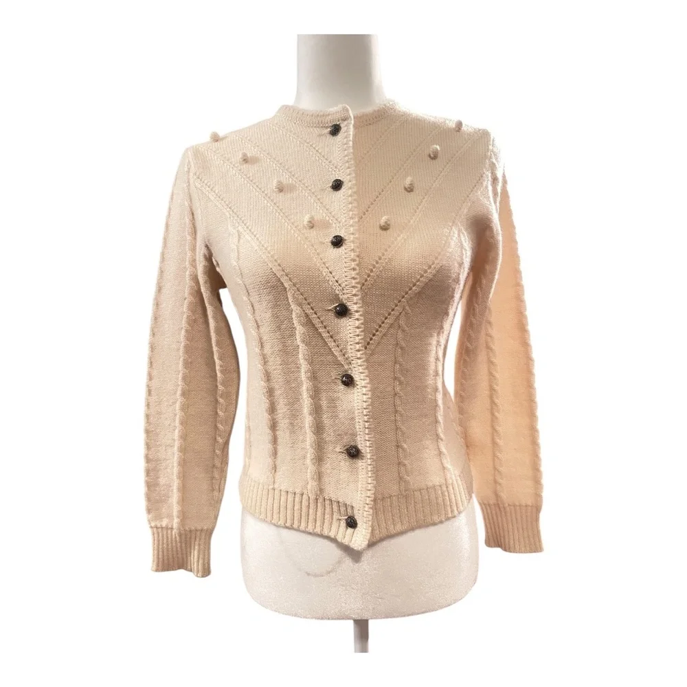 Achalm Strick German Virgin Wool Vintage Cardigan Cream Cable Knit Size Small - Picture 1 of 13